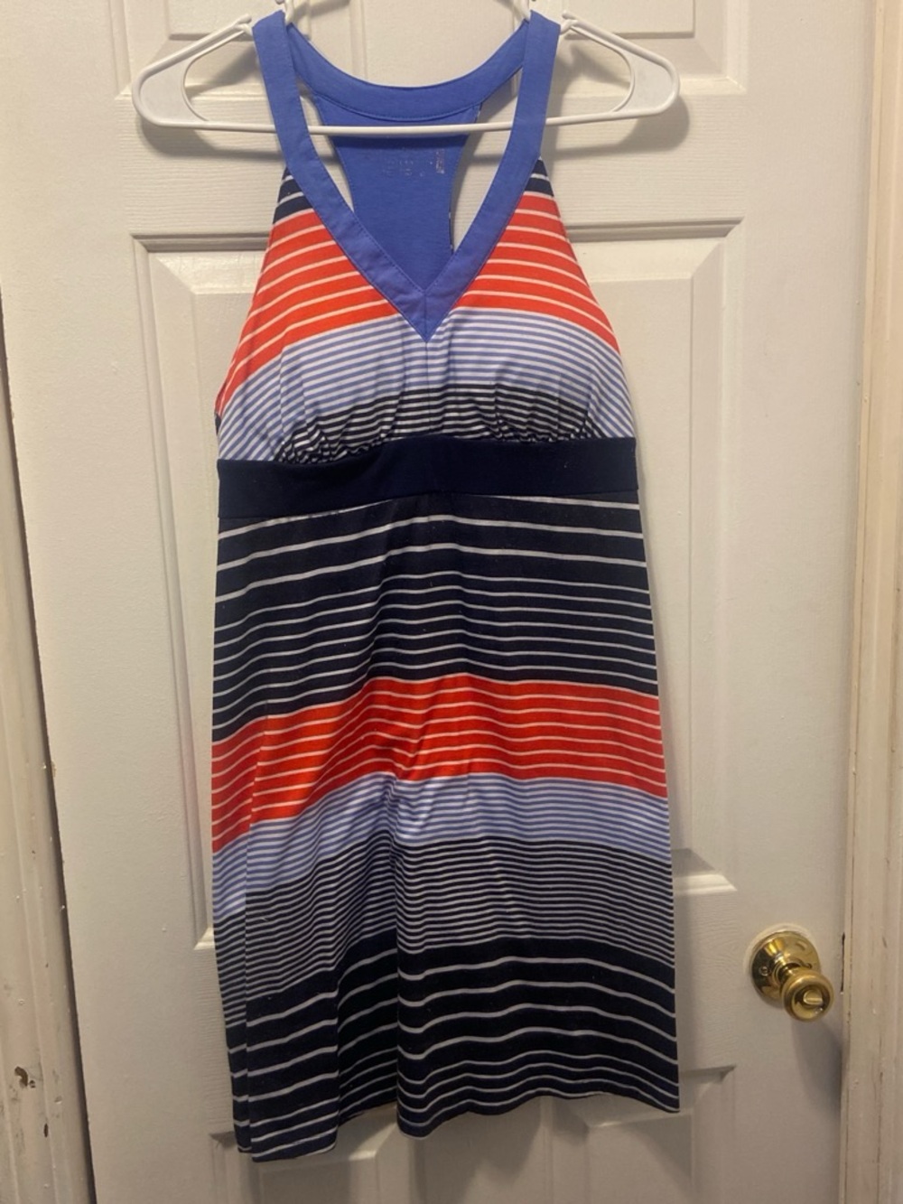 Striped Halter Summer Dress in Navy, Red & Light Blue
